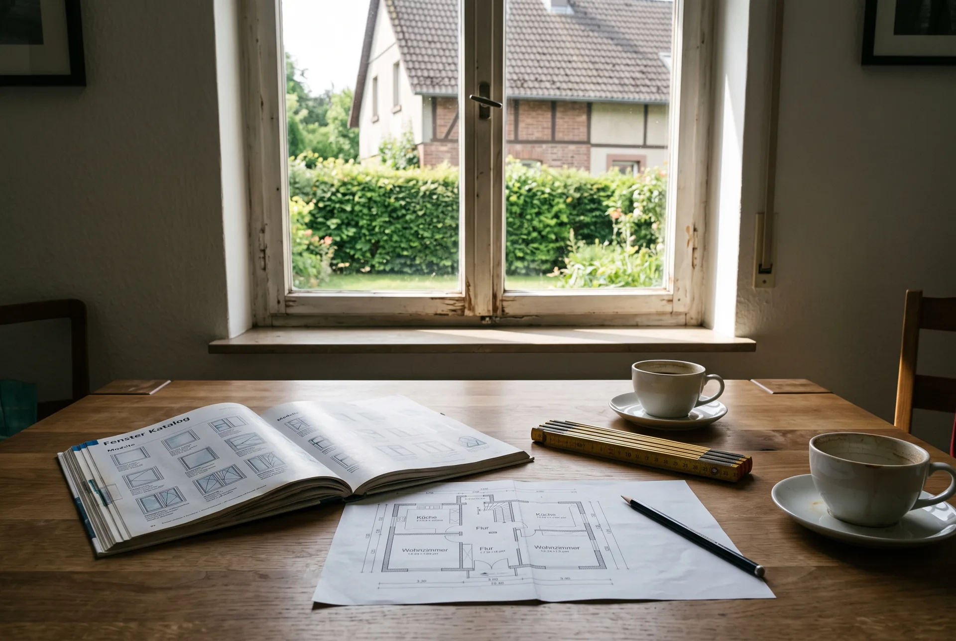 Fensterkatalog, Grundriss und Zollstock auf dem Küchentisch