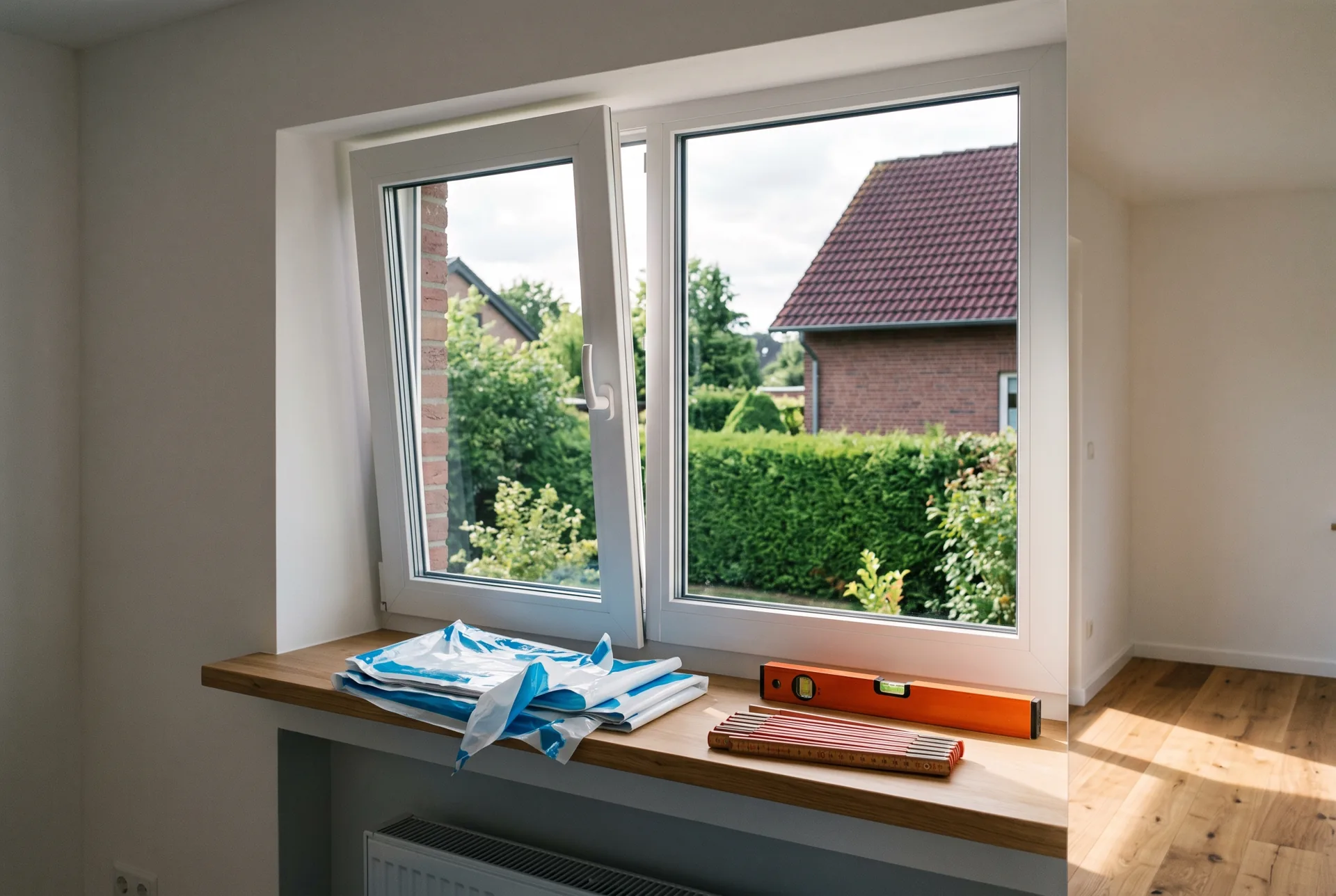 Neu eingebautes Kunststofffenster, Schutzfolie und Wasserwaage auf der Fensterbank