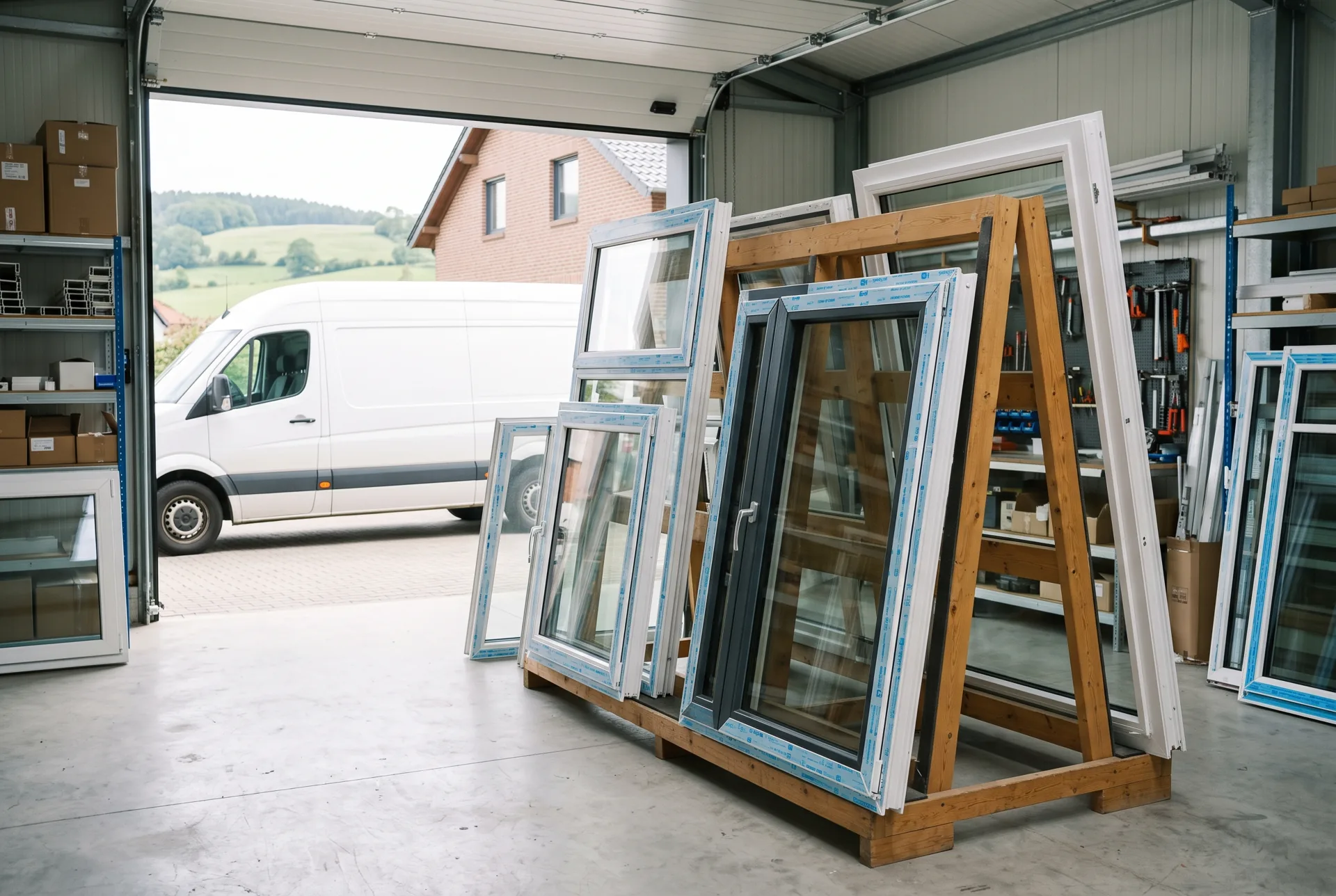 Neue Fenster auf dem Transportgestell im Lager, Transporter vor der Tür