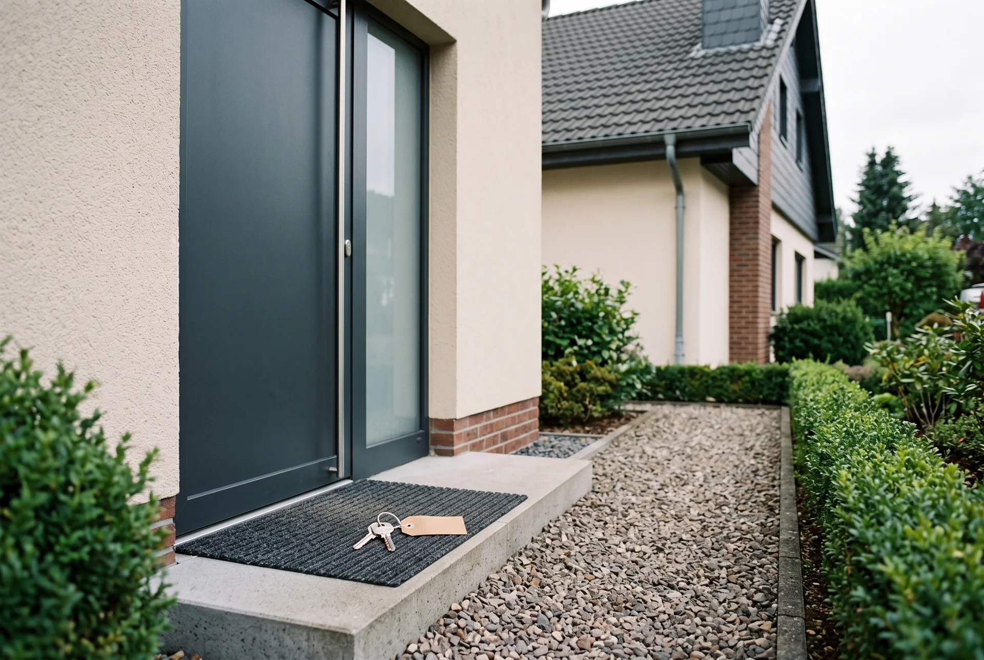 Neue Aluminium-Haustür in Anthrazit mit Seitenteil, Schlüssel auf der Stufe