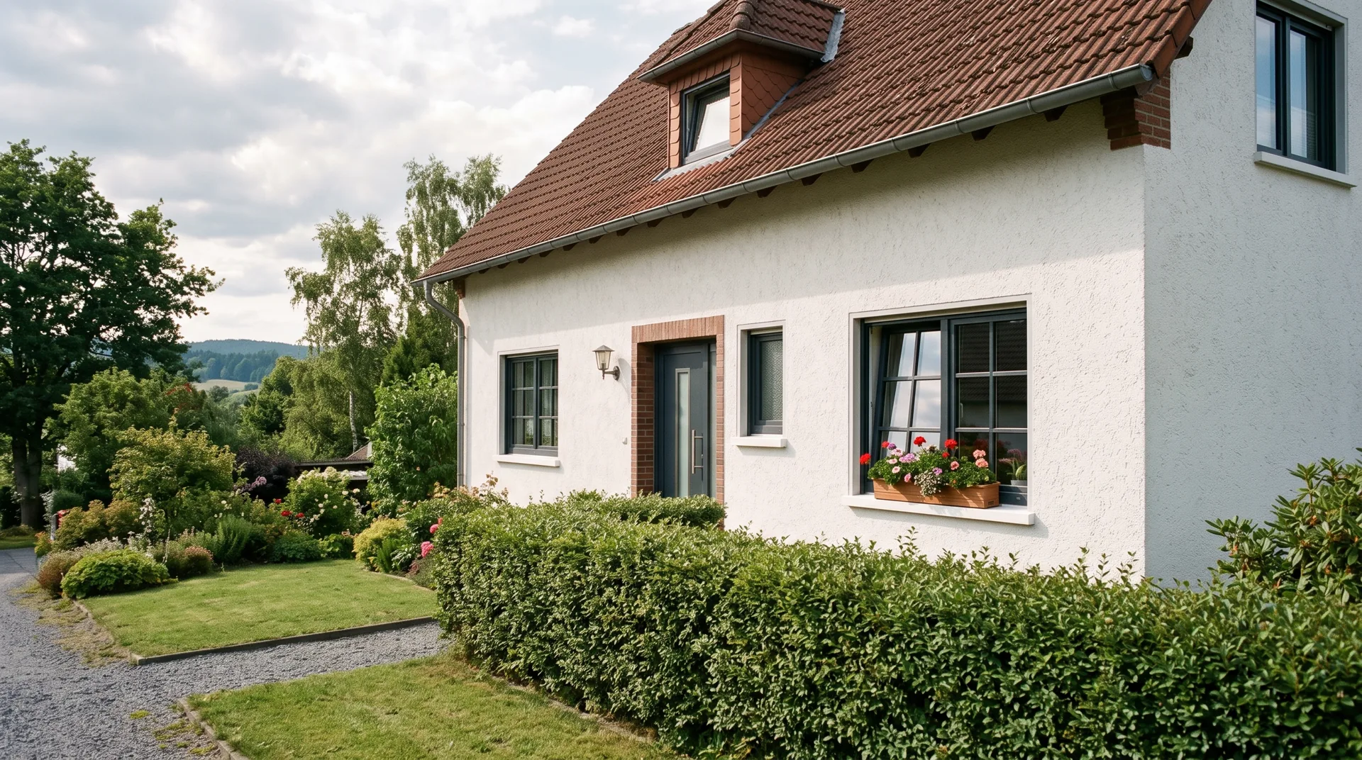 Haus mit neuen anthrazitfarbenen Fenstern, ein Fenster gekippt