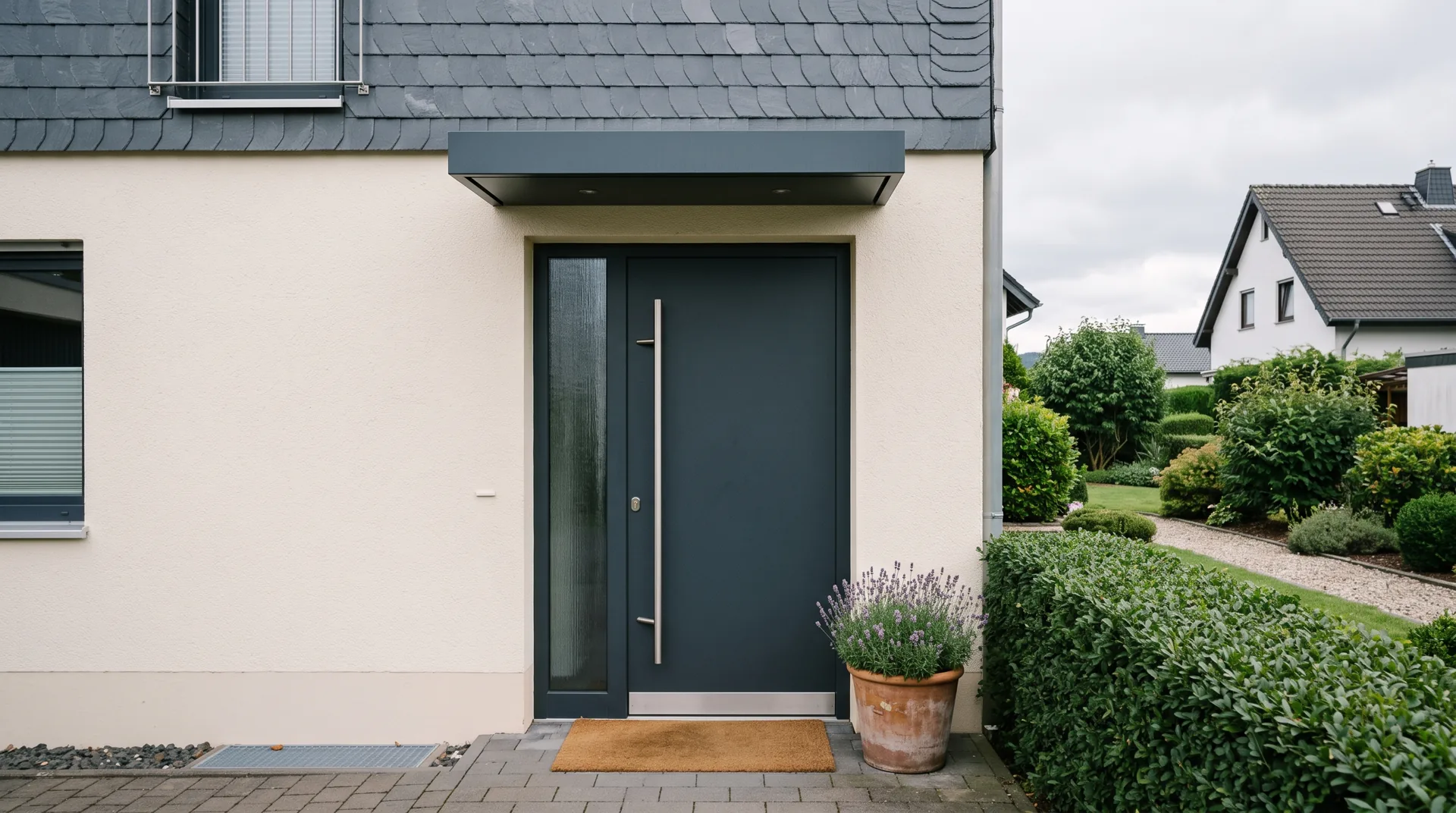Moderne Aluminium-Haustür in Anthrazit mit Vordach