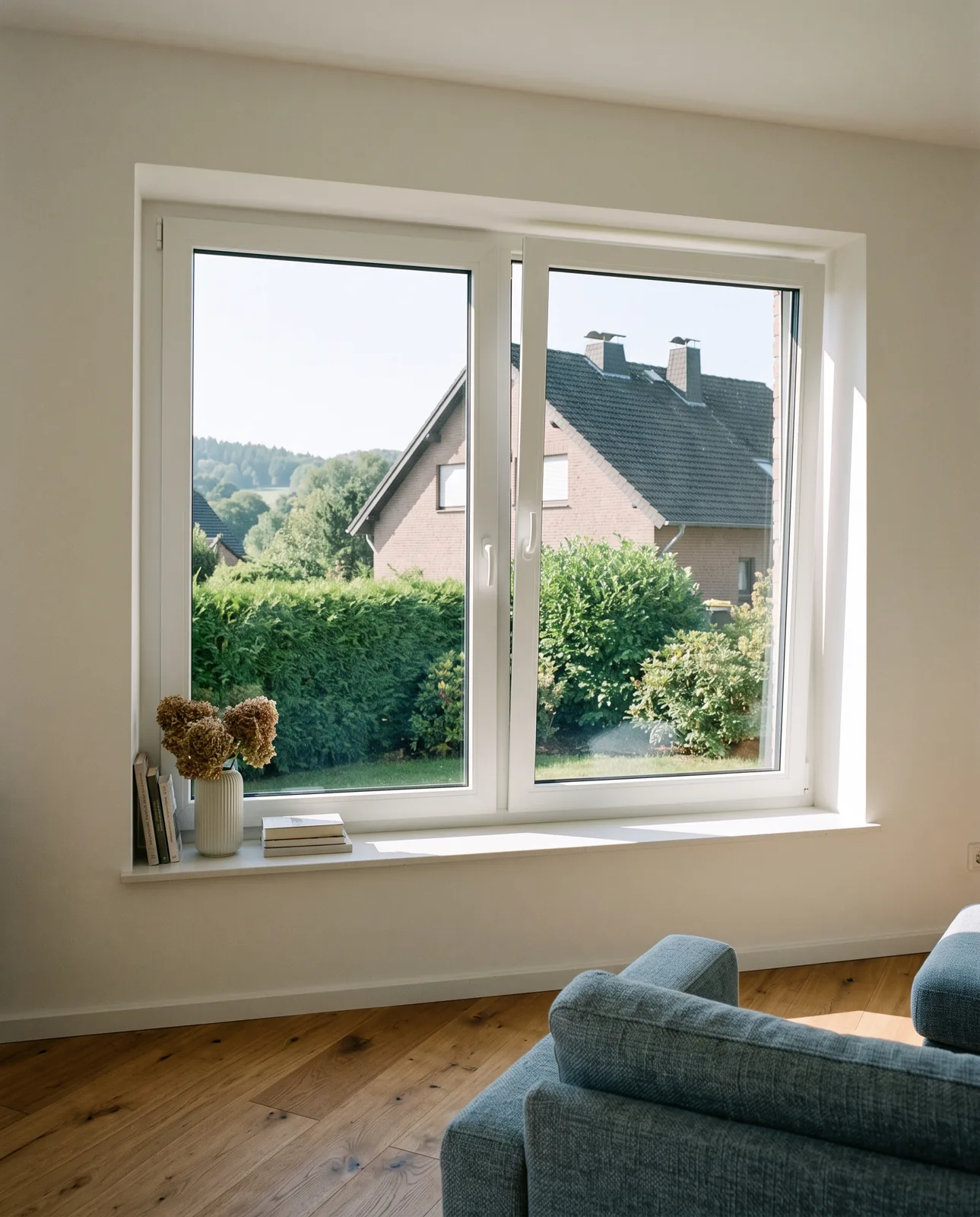 Wohnzimmer mit neuen weißen Kunststofffenstern und Blick in den Garten